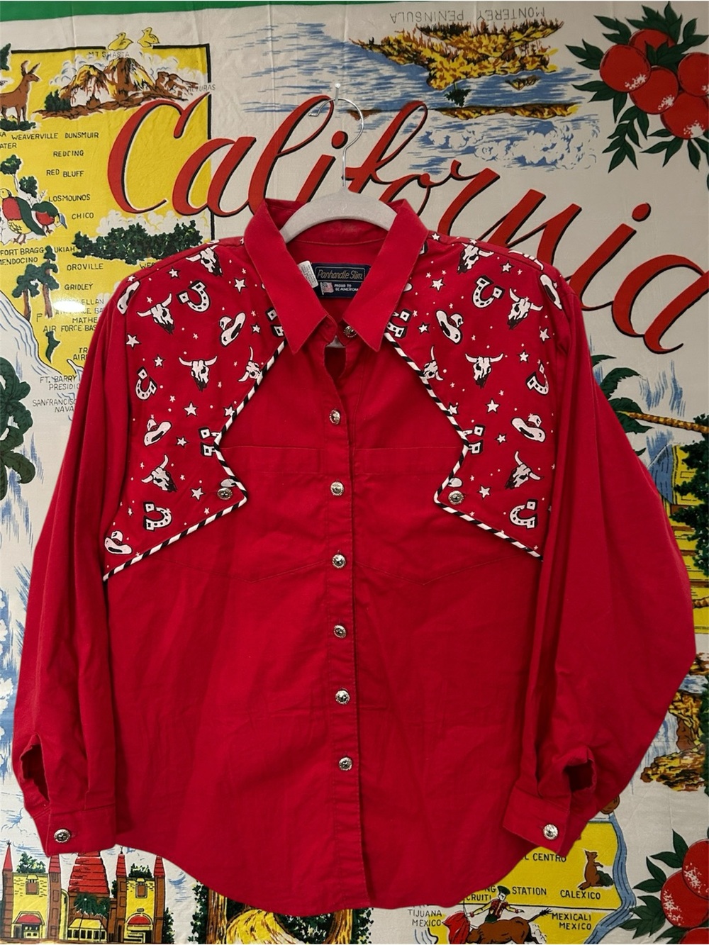 Panhandle Slim Red Western Shirt with Cowboy Print